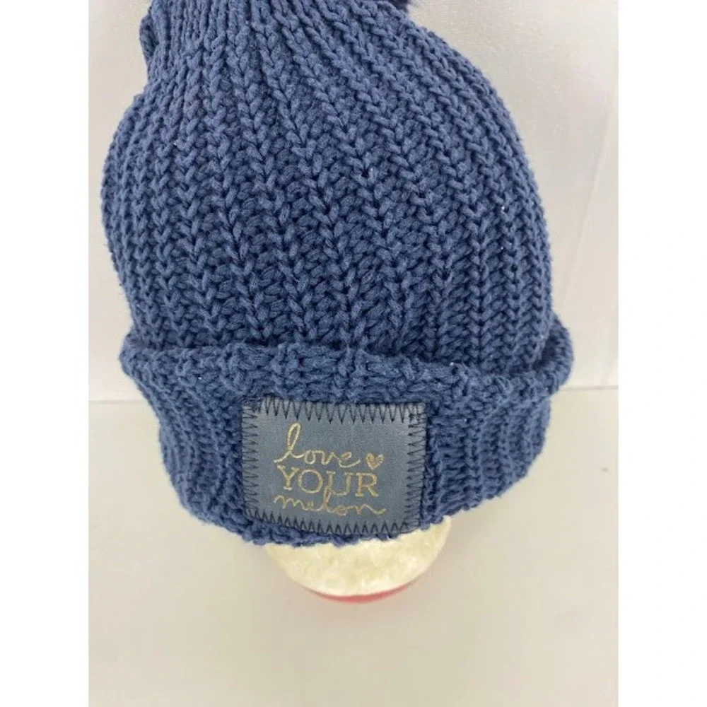 Love Your Melon Navy Blue Knit Beanie Faux Fur Pom Pom Cuffed Winter Hat USA - Picture 4 of 5
